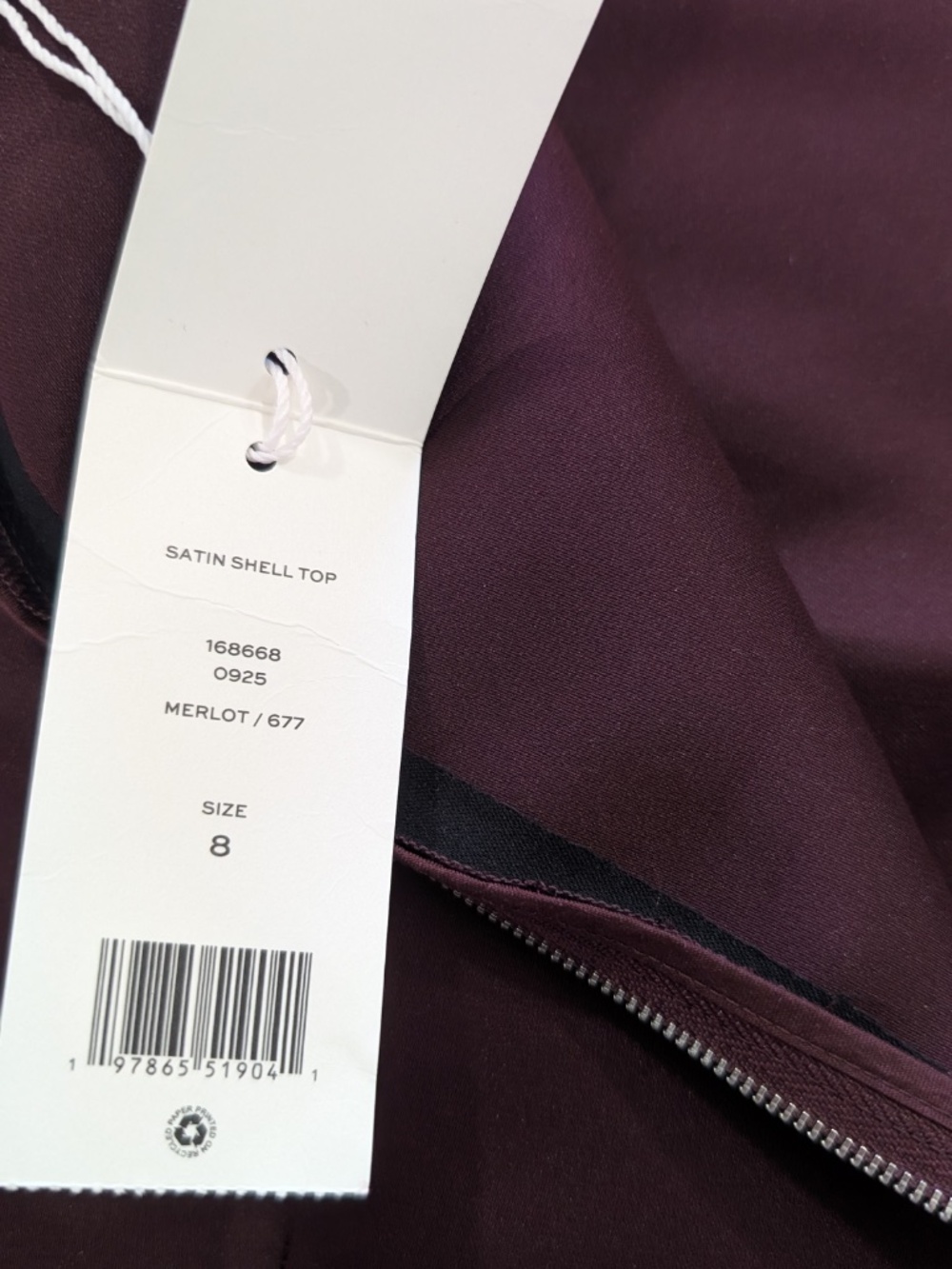 Tory Burch Merlot Satin Shell Top Sleeveless Back Zip Bungee Hem Size 8 NWT $440 - Picture 5 of 11